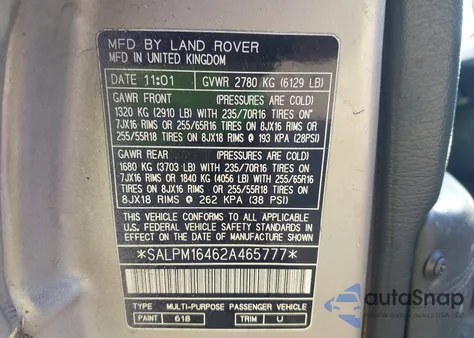 2002 Land Rover Range Rover 4.6 Hse z USA, uszkodzony, nr VIN SALPM16462A465777